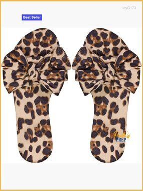 Leopard Print Bow Front Open Toe Slip On Flat Sandals